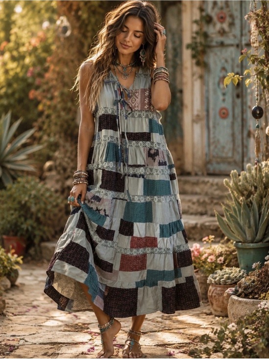 POL Dresses & Skirts - H082 New POL pp21 Patchwork Tiered Maxi Dress in Teal, Navy & Rust